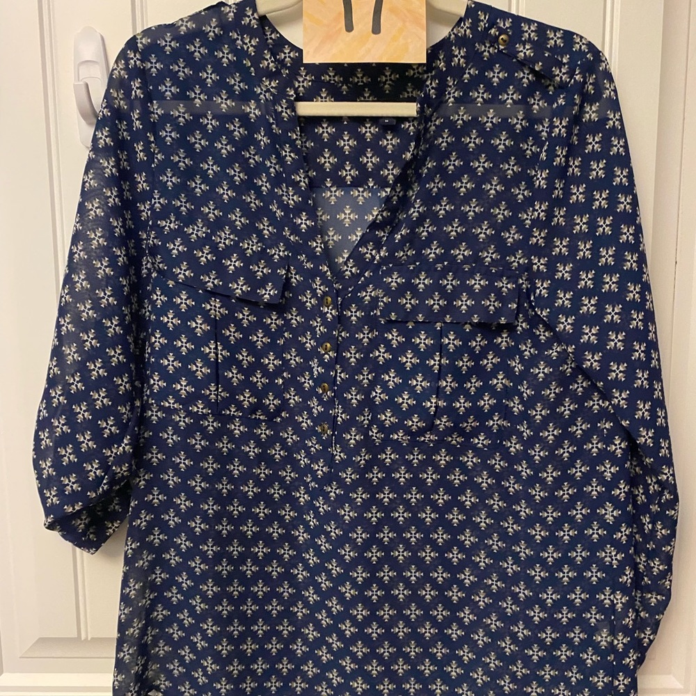 E268 (237) Gap Women's Sz. M Blouse Navy/grey/white